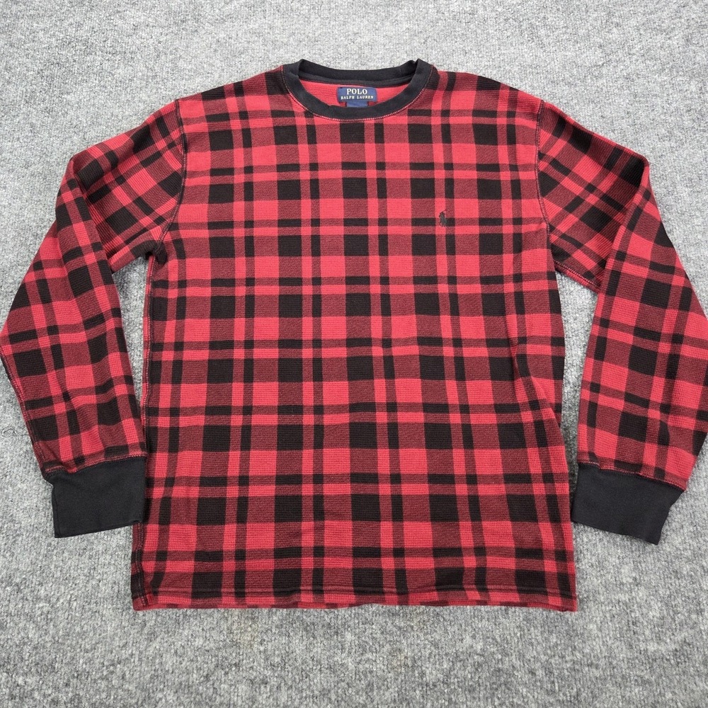 Polo Ralph Lauren Shirt Mens Large Red Black Plaid Thermal Waffle Long Sleeve